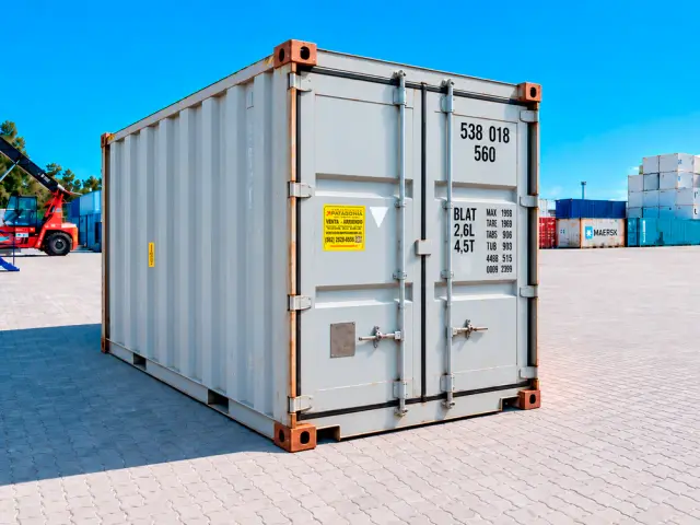 El mismo container desde el otro lado: el costado completo a la izquierda y las puertas cerradas a la derecha