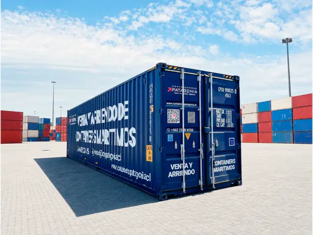 Container marítimo de 40 pies High Cube nuevo one trip, azul, rotulado por Contenedores Patagonia